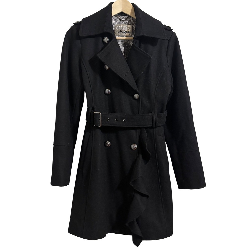 Y2K GUESS Vintage‎ Women's Black Ruffle Double Breasted Belted Pea Coat Size M